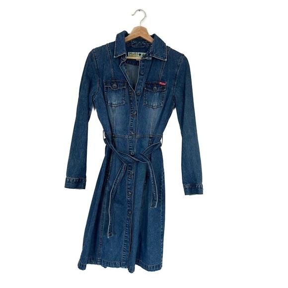 Vintage Dresses & Skirts - VTG 90s Y2K Mudd Denim Logo Button Down Utility Shirtdress Dress Womens Small